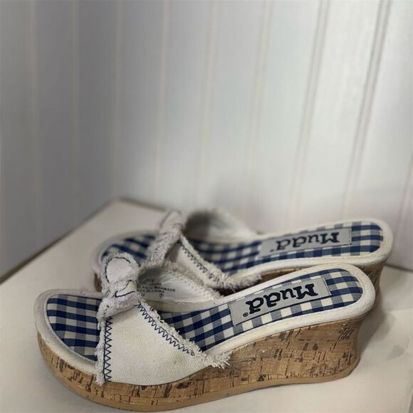 Y2K Mudd Gingham Wedge Sandals 7.5M Blue White Bow Cork Platform Coastal Cowgirl - Picture 2 of 7